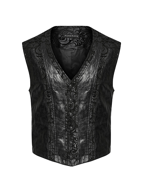 Gothic Style Elegant V Neck Vintage Metal Button Exquisite Velvet Dark Pattern Stitching Leather Black Vest