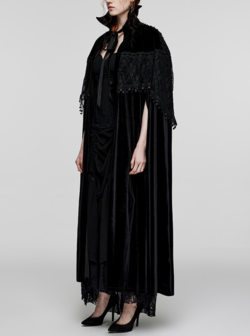 Gothic Style Unique Bat Collar Gorgeous Lace Appliques Splicing Retro Velvet Mysterious Black Cloak