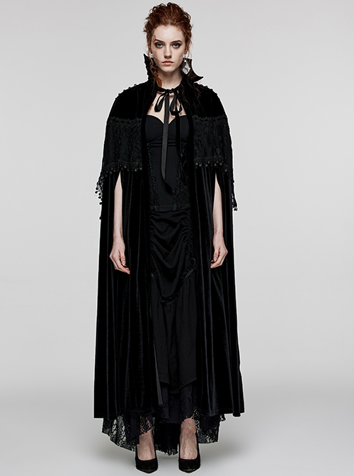 Gothic Style Unique Bat Collar Gorgeous Lace Appliques Splicing Retro Velvet Mysterious Black Cloak