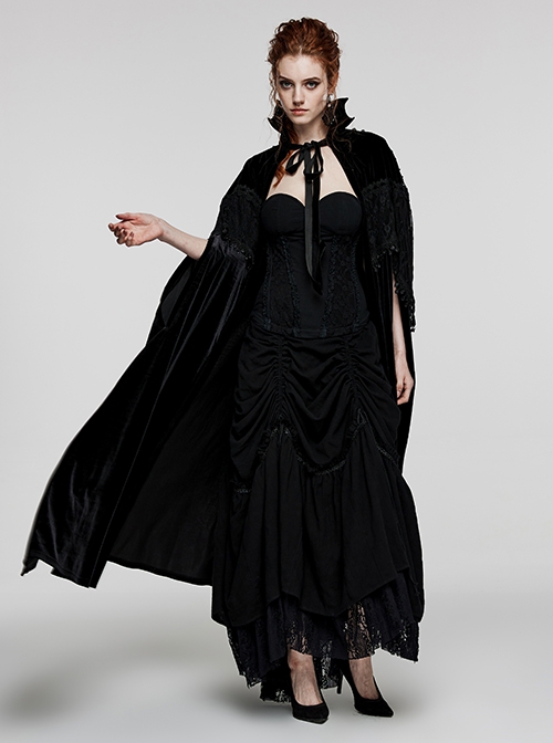 Gothic Style Unique Bat Collar Gorgeous Lace Appliques Splicing Retro Velvet Mysterious Black Cloak