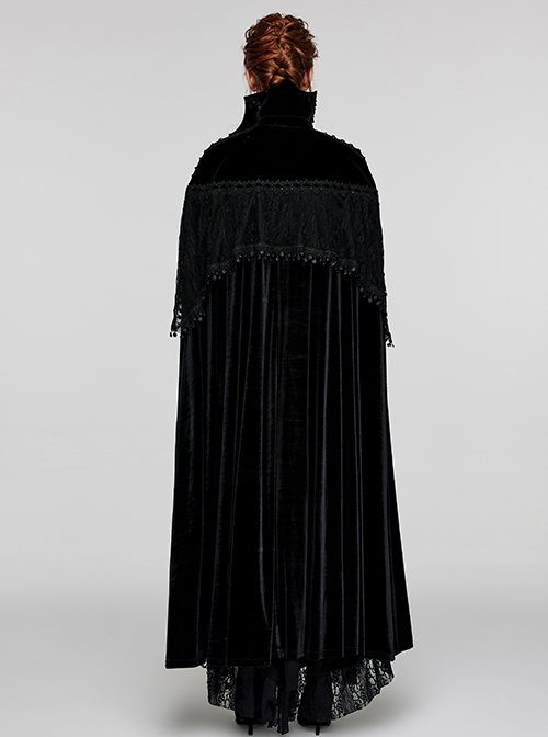 Gothic Style Unique Bat Collar Gorgeous Lace Appliques Splicing Retro Velvet Mysterious Black Cloak