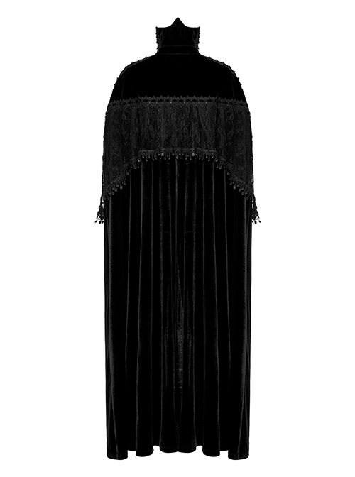 Gothic Style Unique Bat Collar Gorgeous Lace Appliques Splicing Retro Velvet Mysterious Black Cloak
