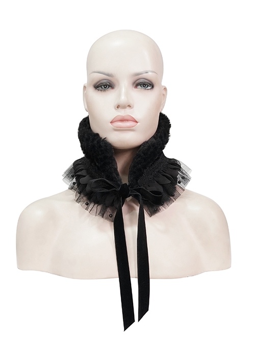 Gothic Style Soft Grain Plush With Detachable Lace Tie Black Velvet Scarf