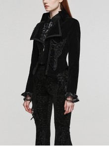 Gothic Style Elegant Large Lapel Gorgeous Lace Applique Vintage Velvet Black Slim Long Sleeves Tuxedo Coat