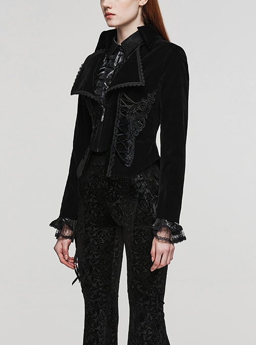 Gothic Style Elegant Large Lapel Gorgeous Lace Applique Vintage Velvet Black Slim Long Sleeves Tuxedo Coat