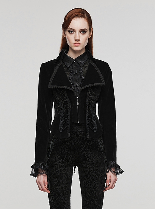 Gothic Style Elegant Large Lapel Gorgeous Lace Applique Vintage Velvet Black Slim Long Sleeves Tuxedo Coat