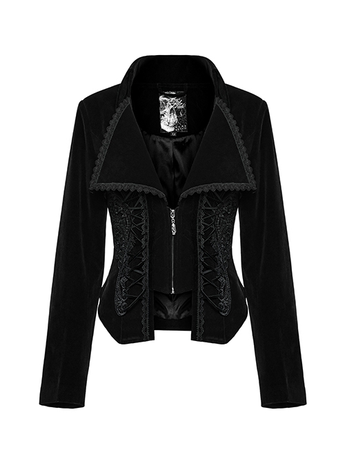 Gothic Style Elegant Large Lapel Gorgeous Lace Applique Vintage Velvet Black Slim Long Sleeves Tuxedo Coat