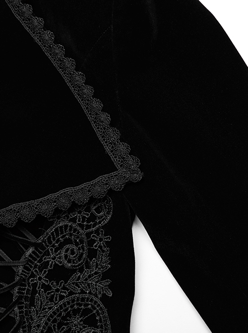 Gothic Style Elegant Large Lapel Gorgeous Lace Applique Vintage Velvet Black Slim Long Sleeves Tuxedo Coat