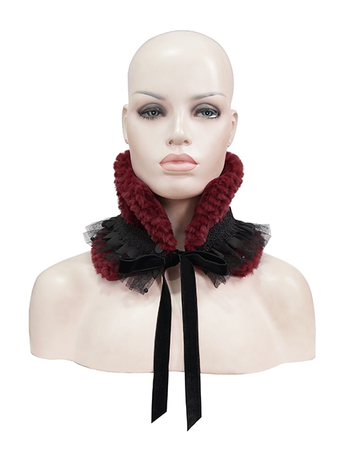Gothic Style Soft Grain Plush With Detachable Lace Tie Red Velvet Scarf