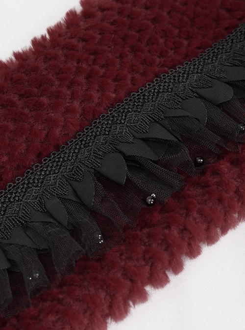 Gothic Style Soft Grain Plush With Detachable Lace Tie Red Velvet Scarf