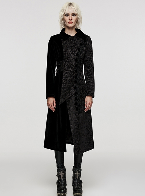 Gothic Style Asymmetrical Design Gorgeous Jacquard Dark Pattern Velvet Stitching Black Long Sleeves Coat