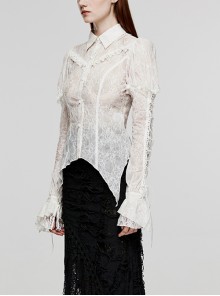 Gothic Style Elegant Lace Ruffles With Exquisite Pearl Buttons Retro White Long Puff Sleeves Slim Shirt
