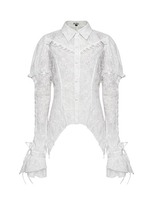 Gothic Style Elegant Lace Ruffles With Exquisite Pearl Buttons Retro White Long Puff Sleeves Slim Shirt