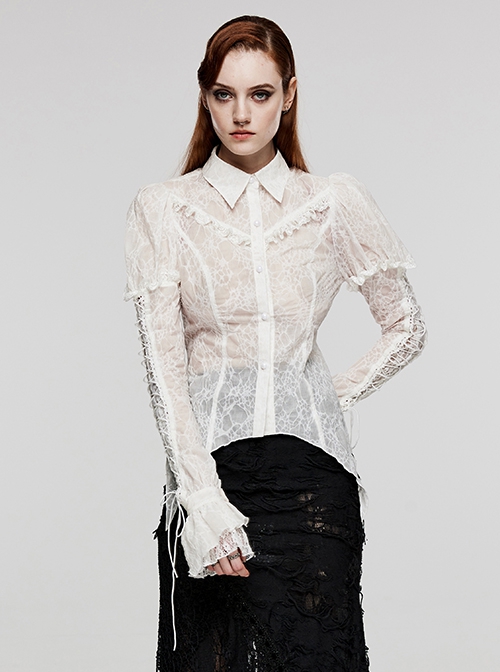 Gothic Style Elegant Lace Ruffles With Exquisite Pearl Buttons Retro White Long Puff Sleeves Slim Shirt