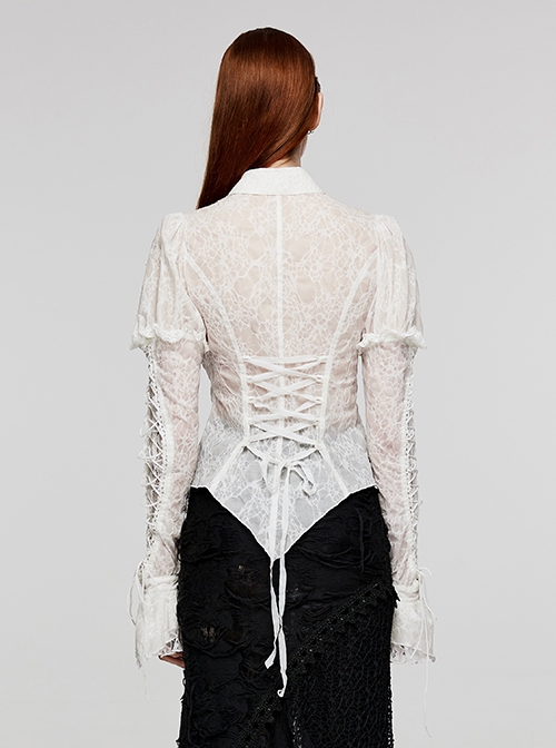 Gothic Style Elegant Lace Ruffles With Exquisite Pearl Buttons Retro White Long Puff Sleeves Slim Shirt