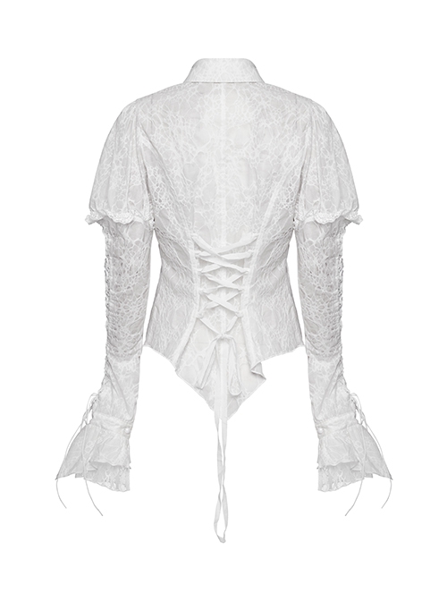 Gothic Style Elegant Lace Ruffles With Exquisite Pearl Buttons Retro White Long Puff Sleeves Slim Shirt