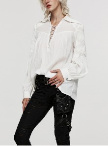 Gothic Style Sexy Deep V Neck Textured Cotton Fabric Thin Velvet Drawstring White Long Sleeves Loose Shirt