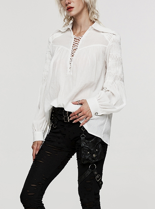 Gothic Style Sexy Deep V Neck Textured Cotton Fabric Thin Velvet Drawstring White Long Sleeves Loose Shirt