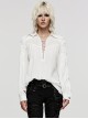 Gothic Style Sexy Deep V Neck Textured Cotton Fabric Thin Velvet Drawstring White Long Sleeves Loose Shirt