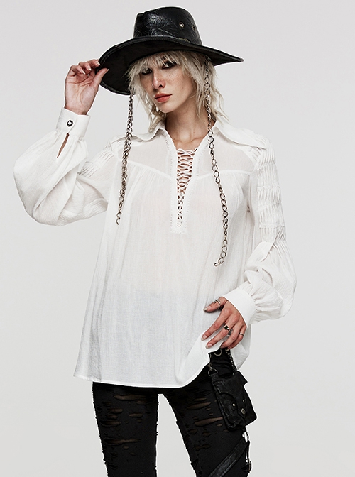 Gothic Style Sexy Deep V Neck Textured Cotton Fabric Thin Velvet Drawstring White Long Sleeves Loose Shirt
