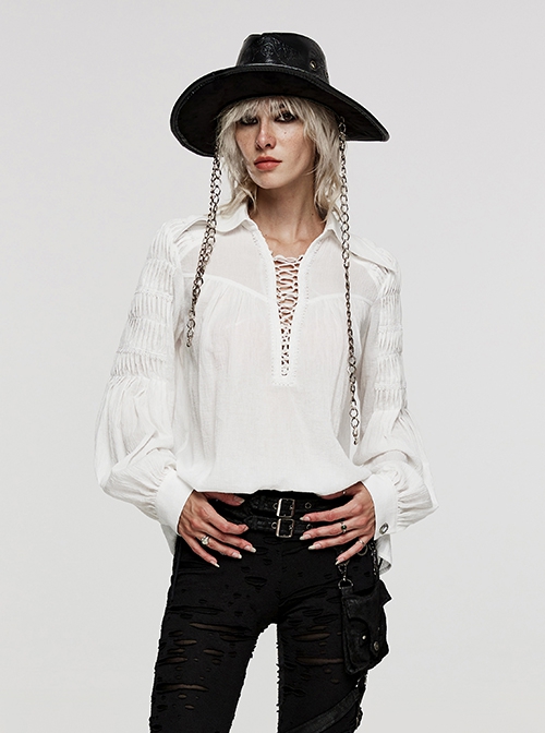 Gothic Style Sexy Deep V Neck Textured Cotton Fabric Thin Velvet Drawstring White Long Sleeves Loose Shirt