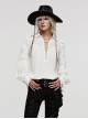 Gothic Style Sexy Deep V Neck Textured Cotton Fabric Thin Velvet Drawstring White Long Sleeves Loose Shirt