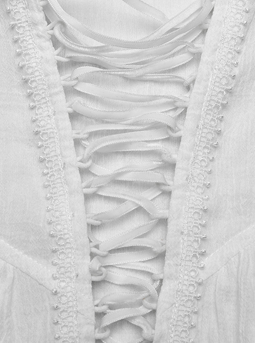 Gothic Style Sexy Deep V Neck Textured Cotton Fabric Thin Velvet Drawstring White Long Sleeves Loose Shirt