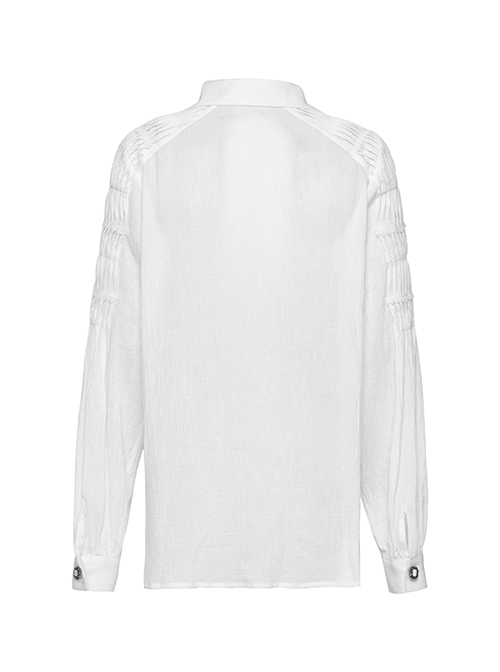 Gothic Style Sexy Deep V Neck Textured Cotton Fabric Thin Velvet Drawstring White Long Sleeves Loose Shirt