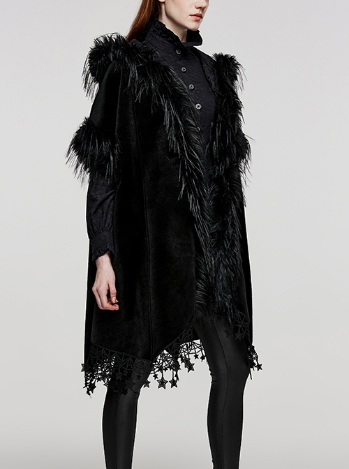 Gothic Style Luxury Velvet Splicing Plush Five Pointed Star Tassel Hem Elegant Black Bat Sleeves Hooded Cloak