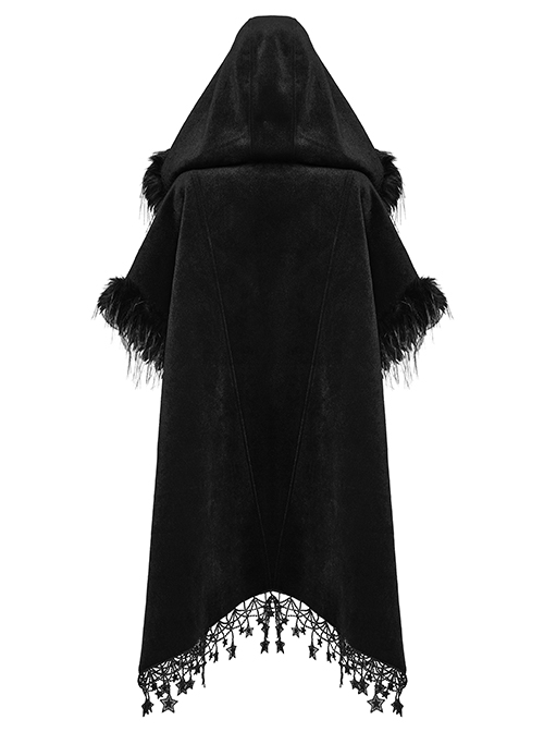 Gothic Style Luxury Velvet Splicing Plush Five Pointed Star Tassel Hem Elegant Black Bat Sleeves Hooded Cloak