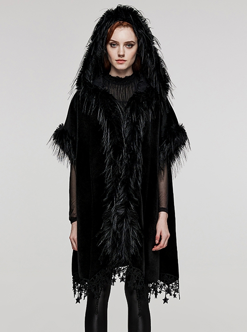 Gothic Style Luxury Velvet Splicing Plush Five Pointed Star Tassel Hem Elegant Black Bat Sleeves Hooded Cloak
