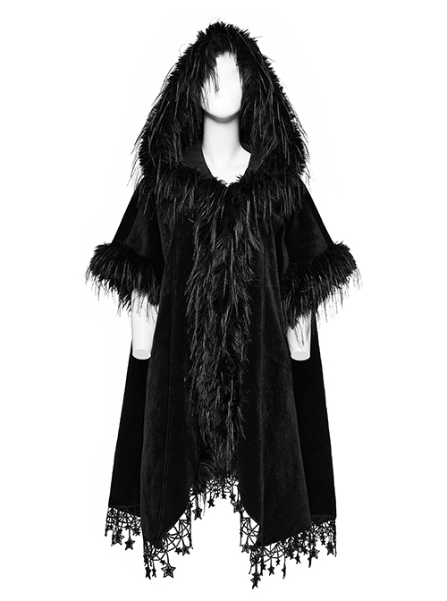 Gothic Style Luxury Velvet Splicing Plush Five Pointed Star Tassel Hem Elegant Black Bat Sleeves Hooded Cloak