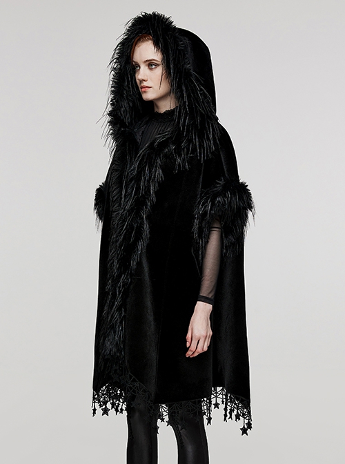 Gothic Style Luxury Velvet Splicing Plush Five Pointed Star Tassel Hem Elegant Black Bat Sleeves Hooded Cloak