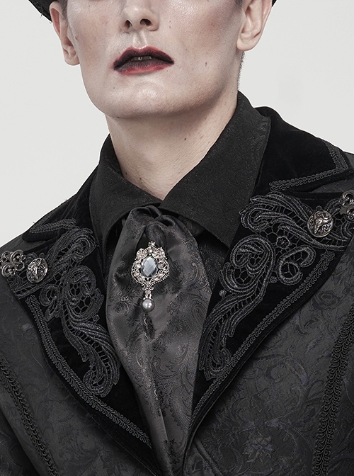 Gothic Style Handsome Printed Braided With Gem Brooch Black Men's Neck Scarf