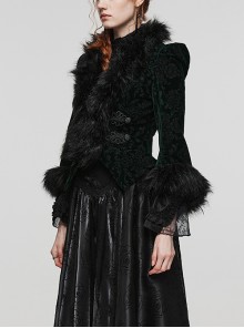Gothic Style Plush Splicing Exquisite Woven Button Black Velvet Dark Pattern Retro Dark Green Slim Short Coat