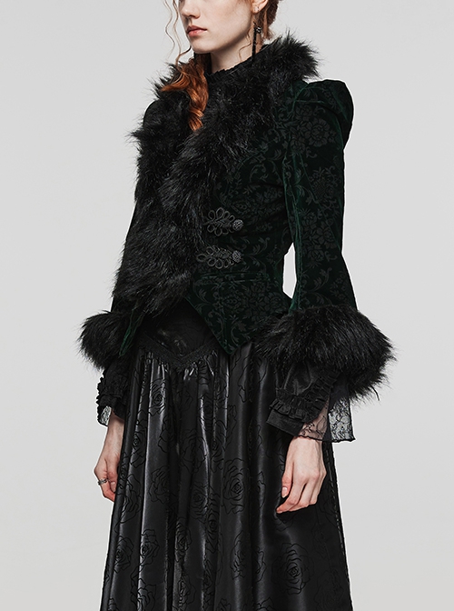 Gothic Style Plush Splicing Exquisite Woven Button Black Velvet Dark Pattern Retro Dark Green Slim Short Coat