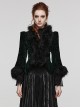 Gothic Style Plush Splicing Exquisite Woven Button Black Velvet Dark Pattern Retro Dark Green Slim Short Coat