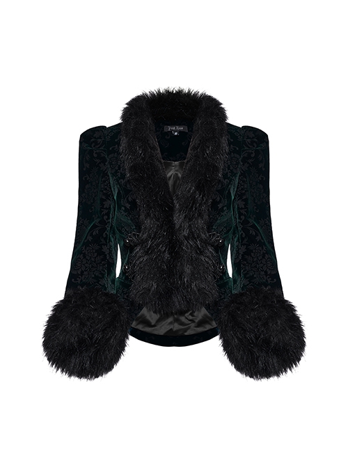 Gothic Style Plush Splicing Exquisite Woven Button Black Velvet Dark Pattern Retro Dark Green Slim Short Coat