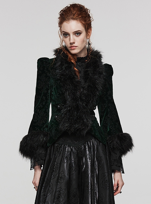 Gothic Style Plush Splicing Exquisite Woven Button Black Velvet Dark Pattern Retro Dark Green Slim Short Coat