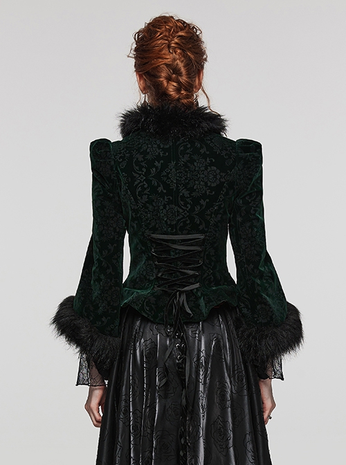 Gothic Style Plush Splicing Exquisite Woven Button Black Velvet Dark Pattern Retro Dark Green Slim Short Coat