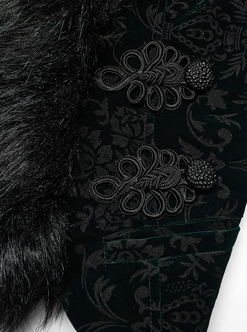 Gothic Style Plush Splicing Exquisite Woven Button Black Velvet Dark Pattern Retro Dark Green Slim Short Coat