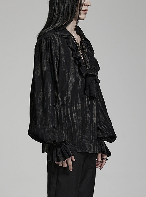 Gothic Style V Neck Ruffled Decoration Tie Dyed Jacquard Weave Black Long Lantern Sleeves Loose Shirt