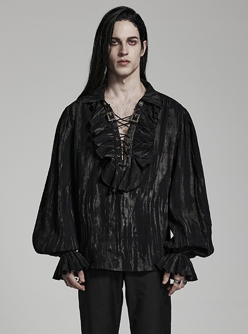 Gothic Style V Neck Ruffled Decoration Tie Dyed Jacquard Weave Black Long Lantern Sleeves Loose Shirt