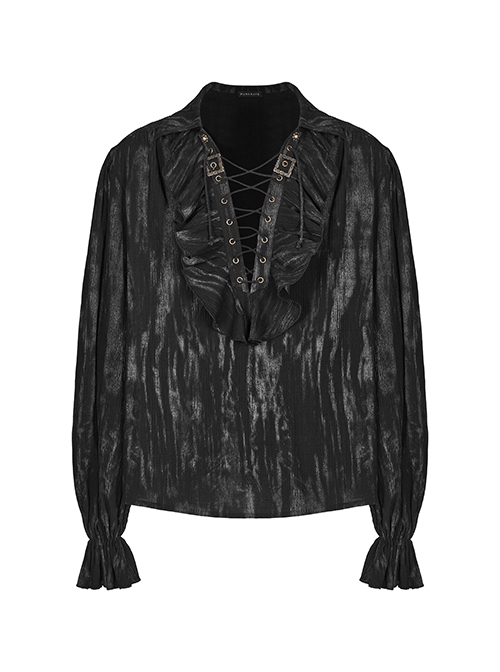 Gothic Style V Neck Ruffled Decoration Tie Dyed Jacquard Weave Black Long Lantern Sleeves Loose Shirt