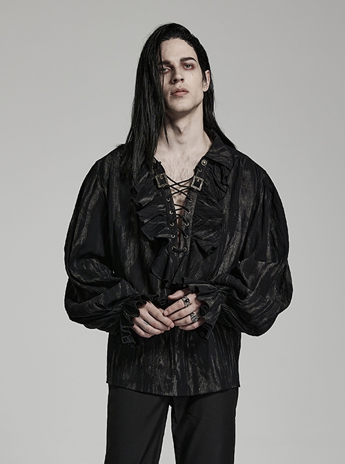 Gothic Style V Neck Ruffled Decoration Tie Dyed Jacquard Weave Black Long Lantern Sleeves Loose Shirt