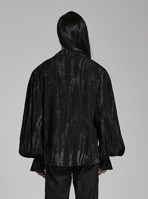 Gothic Style V Neck Ruffled Decoration Tie Dyed Jacquard Weave Black Long Lantern Sleeves Loose Shirt