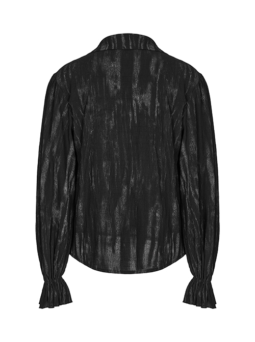 Gothic Style V Neck Ruffled Decoration Tie Dyed Jacquard Weave Black Long Lantern Sleeves Loose Shirt