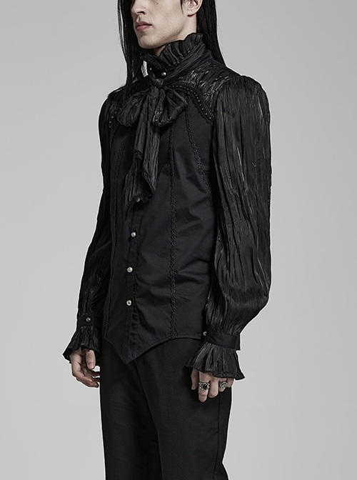 Gothic Style Elegant Ruffle Stand Collar Lace Pleated Woven Applique Vintage Black Long Sleeves Shirt