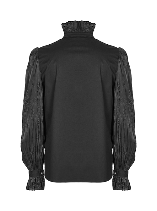 Gothic Style Elegant Ruffle Stand Collar Lace Pleated Woven Applique Vintage Black Long Sleeves Shirt