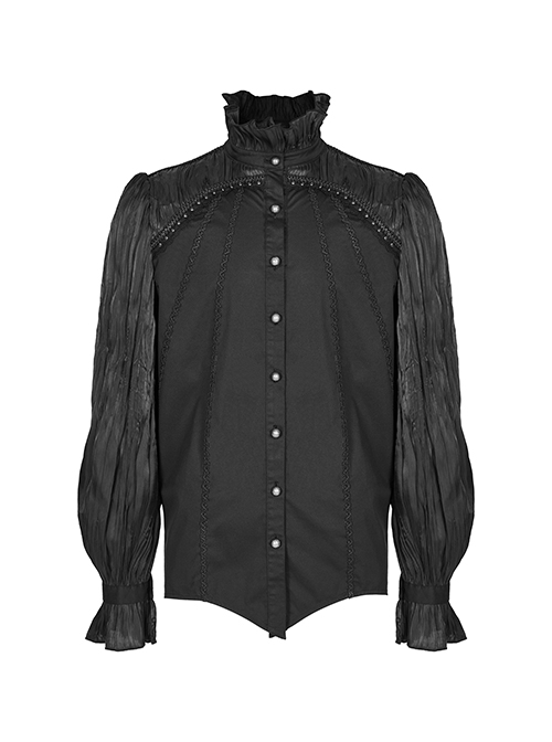 Gothic Style Elegant Ruffle Stand Collar Lace Pleated Woven Applique Vintage Black Long Sleeves Shirt